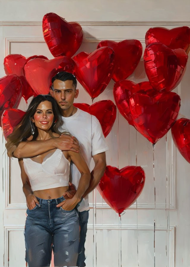 Couple Embracing with Heart-Shaped Red Balloons against Wall