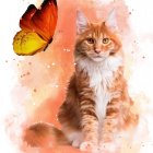 Colorful Watercolor Illustration of Serene Cat with Butterfly on Ear