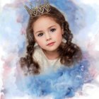 Young girl with crown in watercolor surrounded by butterflies