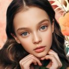 Young girl with green eyes and freckles surrounded by soft-hued flowers