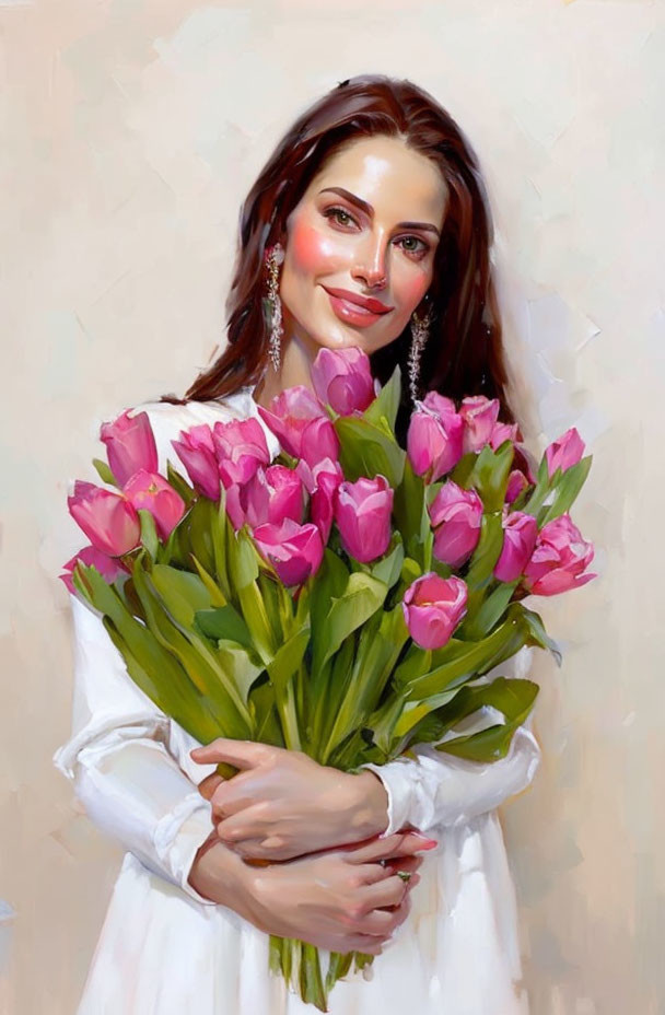 Smiling woman with brunette hair holding pink tulips bouquet