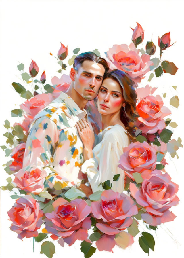 Romantic couple surrounded by pink rose wreath, man in patterned shirt, woman in white