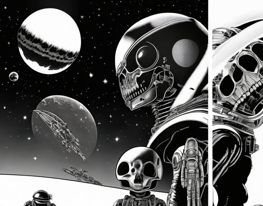 Monochrome astronaut artwork with skull faces and celestial bodies