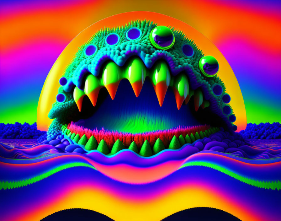 Colorful Psychedelic Monster Artwork with Glowing Orb