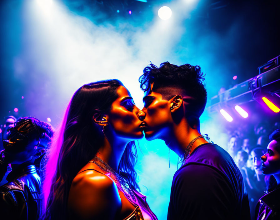 Nightclub scene with couple kissing amid colorful lights and disco ball