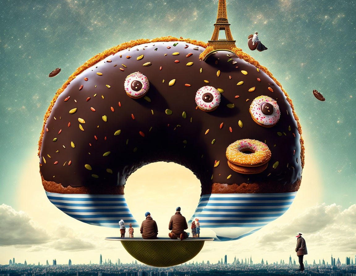 Surreal image: Giant floating chocolate donut with small human figures and Eiffel Tower backdrop