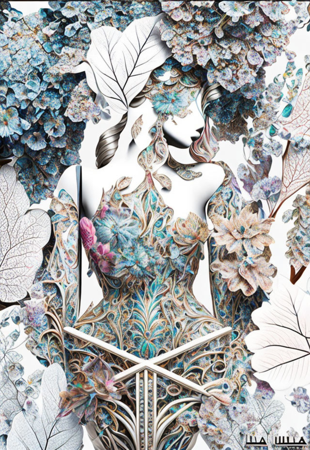 Intricate floral patterns camouflage woman in blues, whites, earth tones