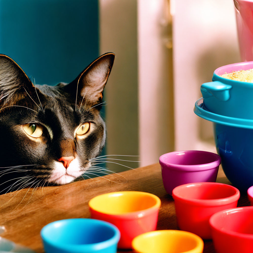 Black and white cat amidst colorful plastic bowls on table