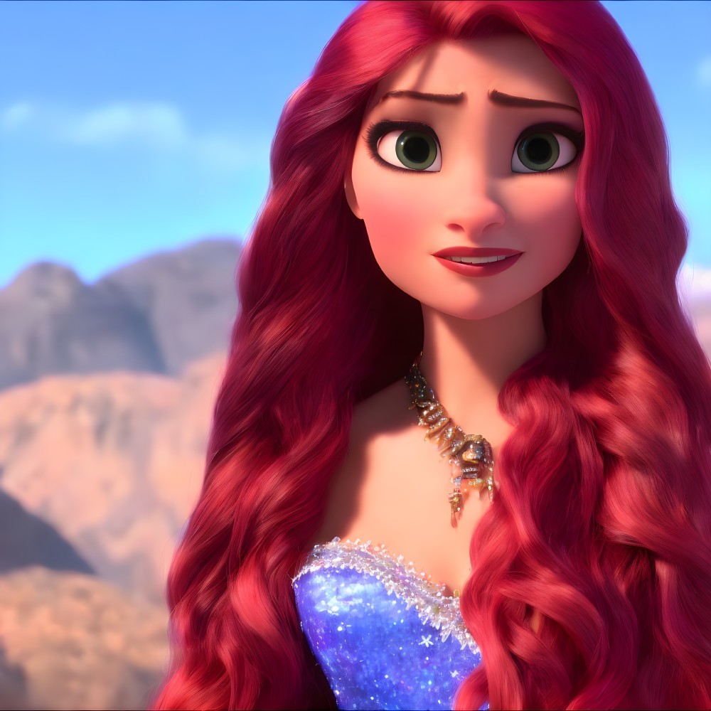 Red-haired animated character in blue dress with green eyes and jeweled necklace.