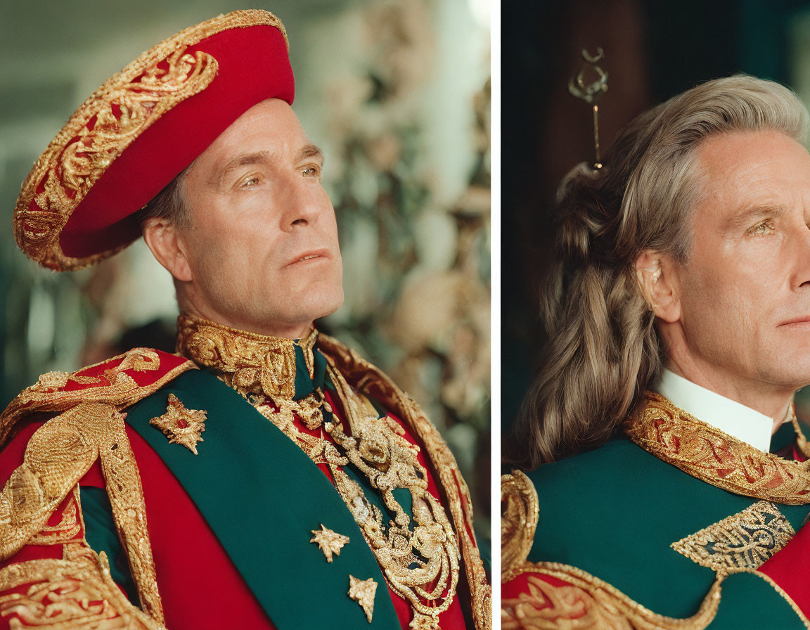 Man in ornate red military uniform with gold embroidery and green cape.