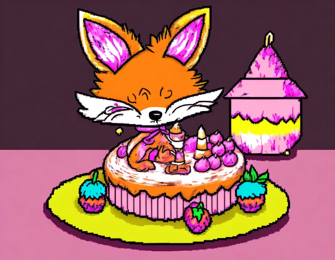 Illustration of a fox enjoying a decorated cake with cupcakes and candle on brown background