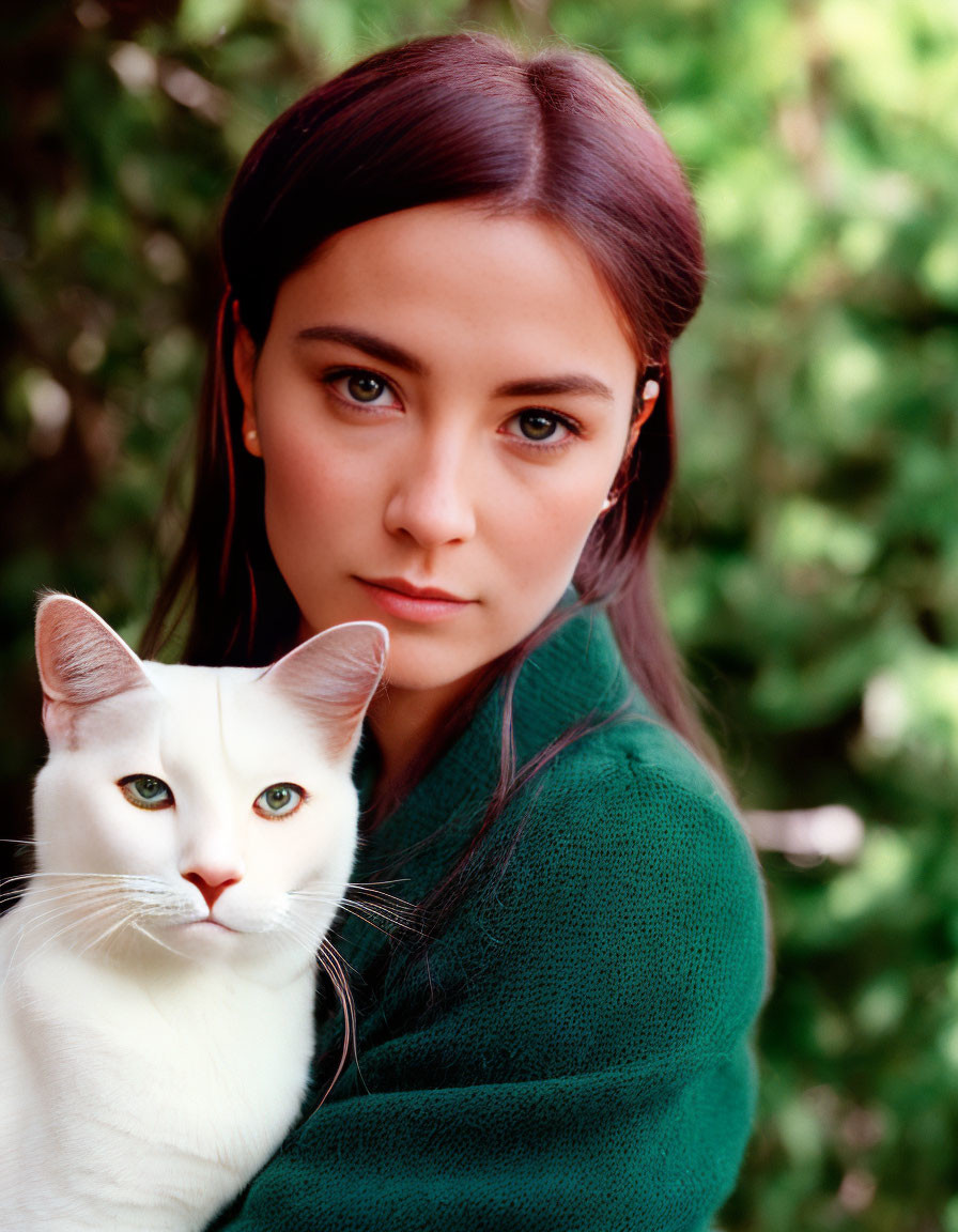 Woman with Long Brown Hair Holding White Cat in Green Sweater