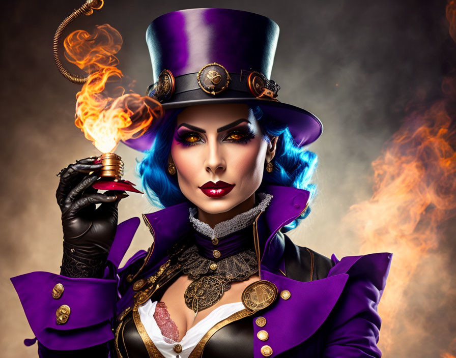 Steampunk woman in purple top hat with fiery background and flaming hand