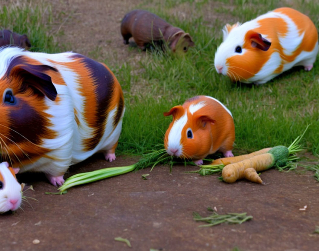 Guinea Pigs Eating Leaves Outdoors with Carrot Nearby