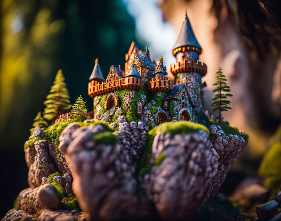 Miniature fairy tale castle in lush green setting under warm sunlight