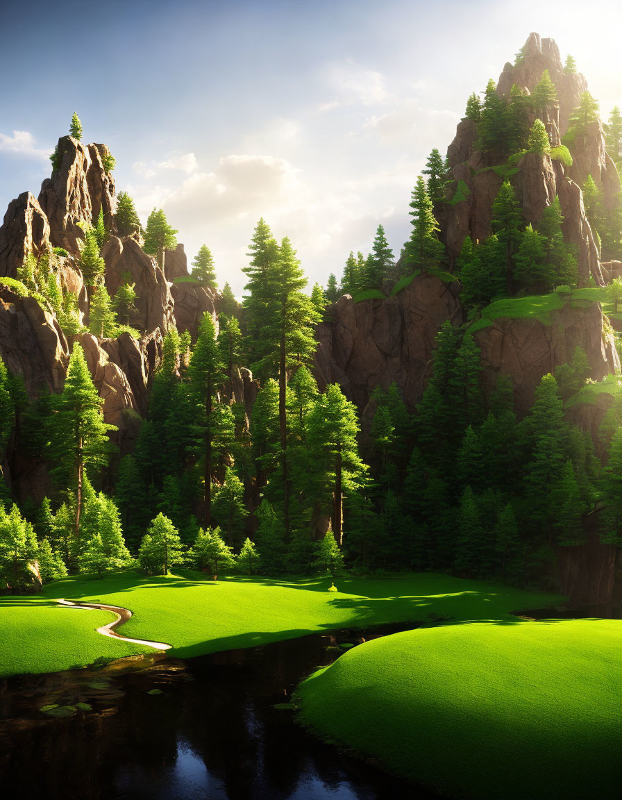 Scenic valley with cliffs, pine trees, river, and sunlit clearings