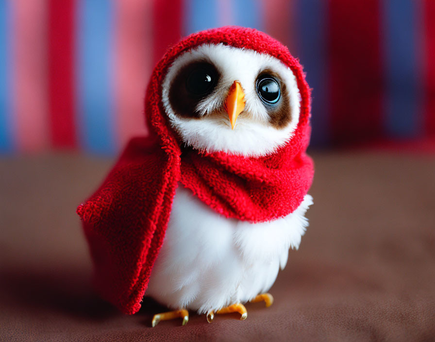 Adorable Owl Plush Toy with Large Eyes and Red Scarf on Striped Blue Background