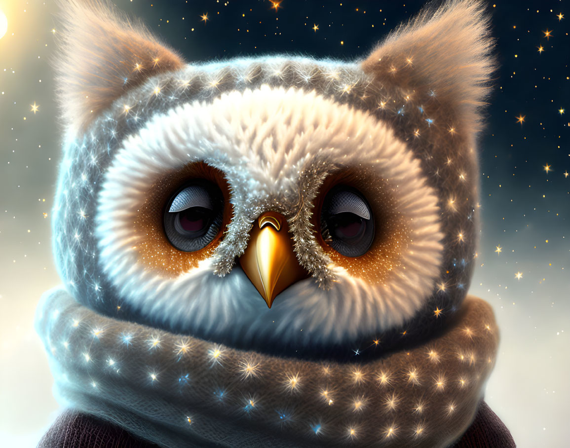 Cute Owl Digital Illustration with Large Eyes and Scarf