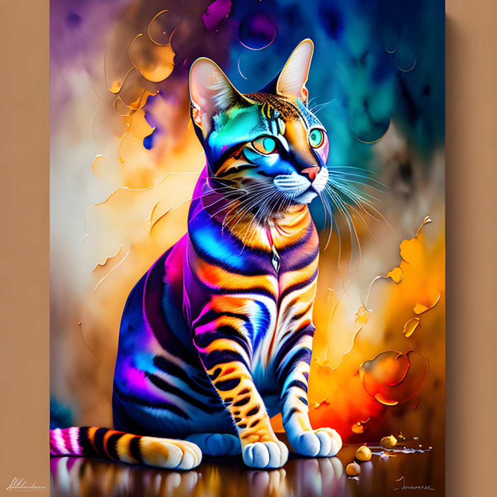 Colorful digitally altered cat with vibrant stripes on abstract background