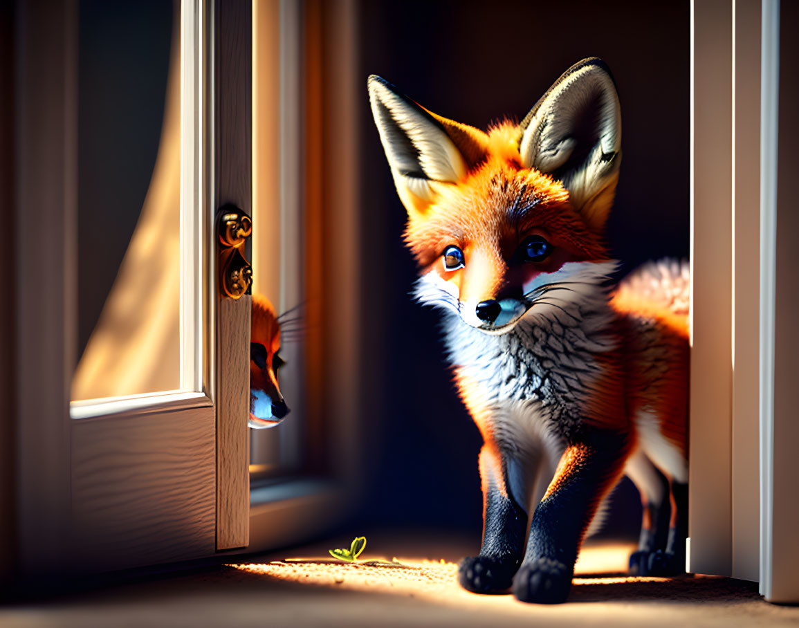 Animated fox peeking through sunlit doorway in cozy room