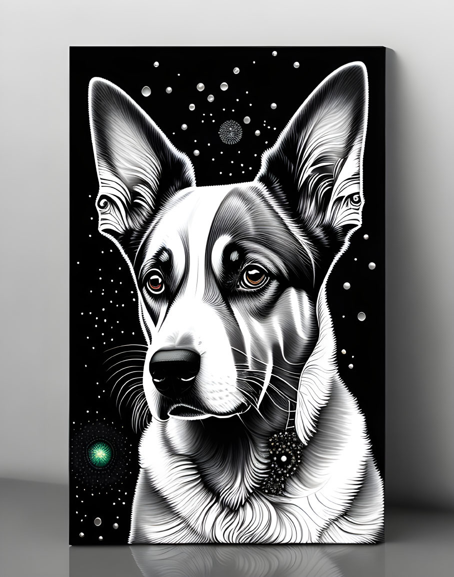 Monochrome canvas art of a dog with perked ears on starry backdrop