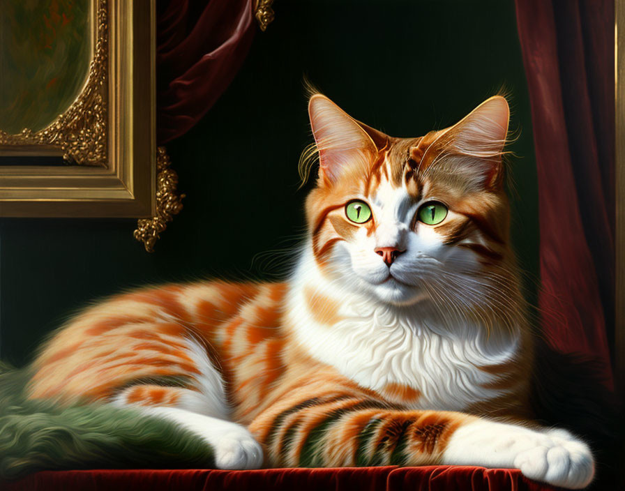 Orange and White Cat with Green Eyes on Red Velvet with Curtains and Painting