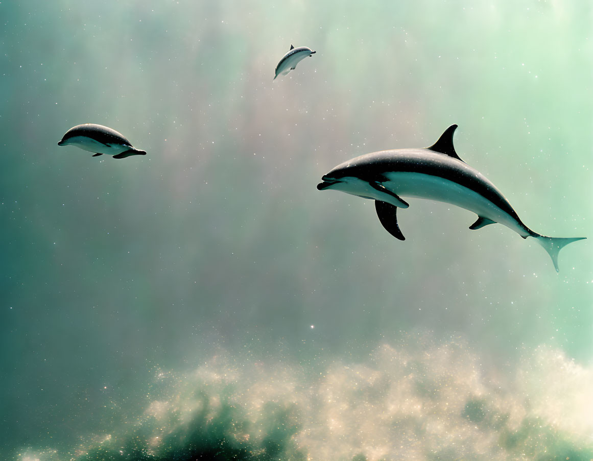 Three dolphins swimming gracefully in sunlit underwater scene