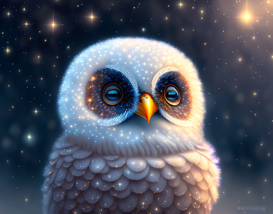 Adorable owl digital illustration with blue eyes on starry night background