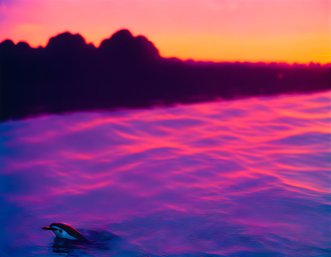 Colorful digital artwork: Penguin in ocean at sunset