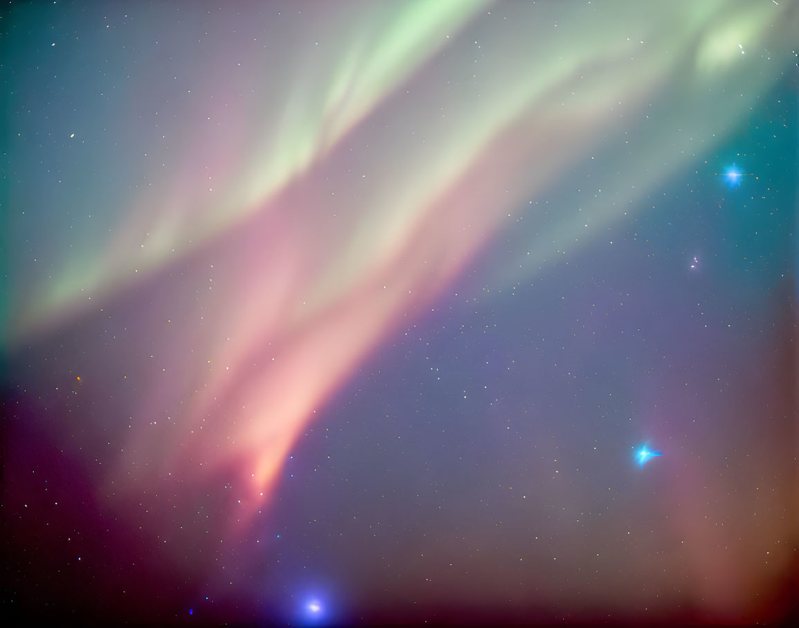 Stunning Green and Pink Aurora Borealis in Starry Night Sky