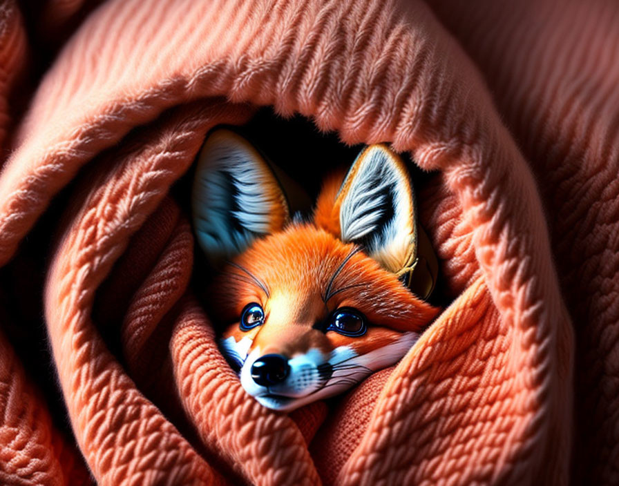 Red fox nestled in terracotta blanket with bright eyes