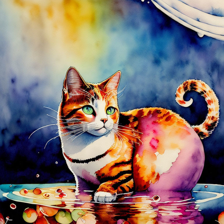 Colorful Cat Watercolor Painting with Green Eyes on Reflective Surface