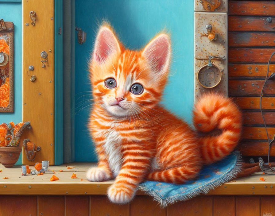 Fluffy Orange Tabby Kitten Surrounded by Wooden Figures and Keys