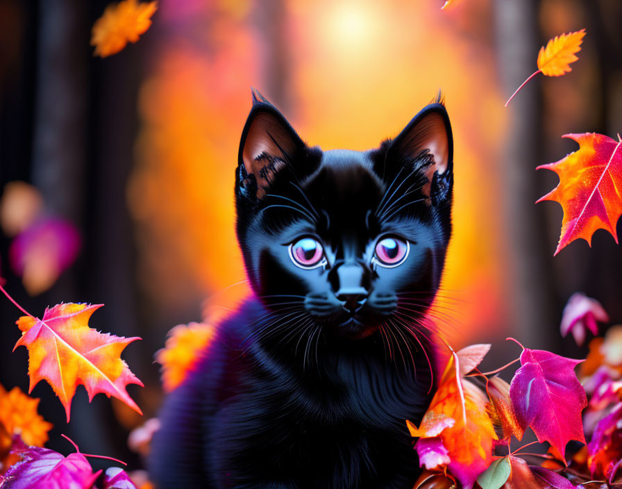 Black Cat with Pink Eyes Among Autumn Leaves and Bokeh Background