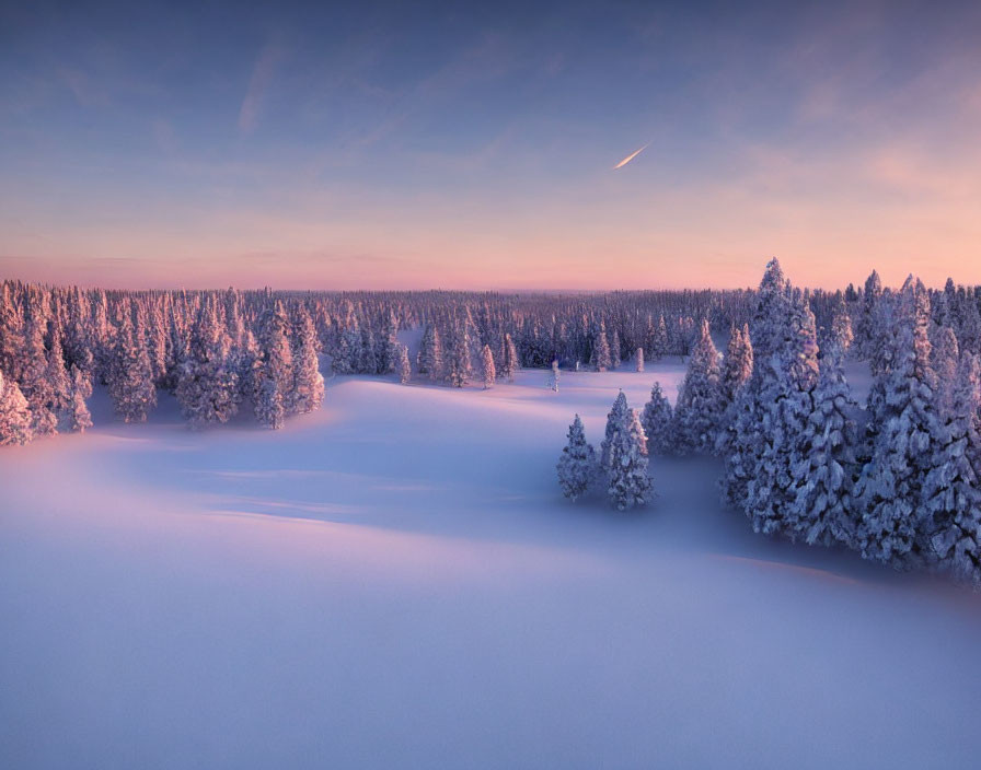 Snow-covered forest at dusk with pink sky and shooting star