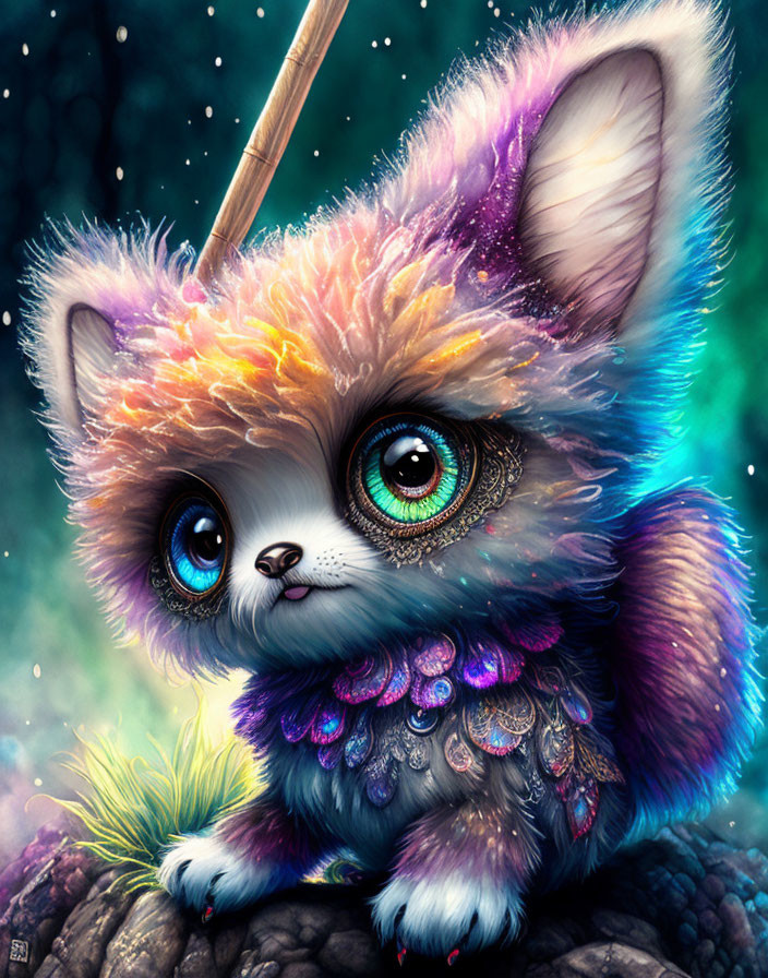 Vibrant fantasy creature with fluffy fur in magical forest