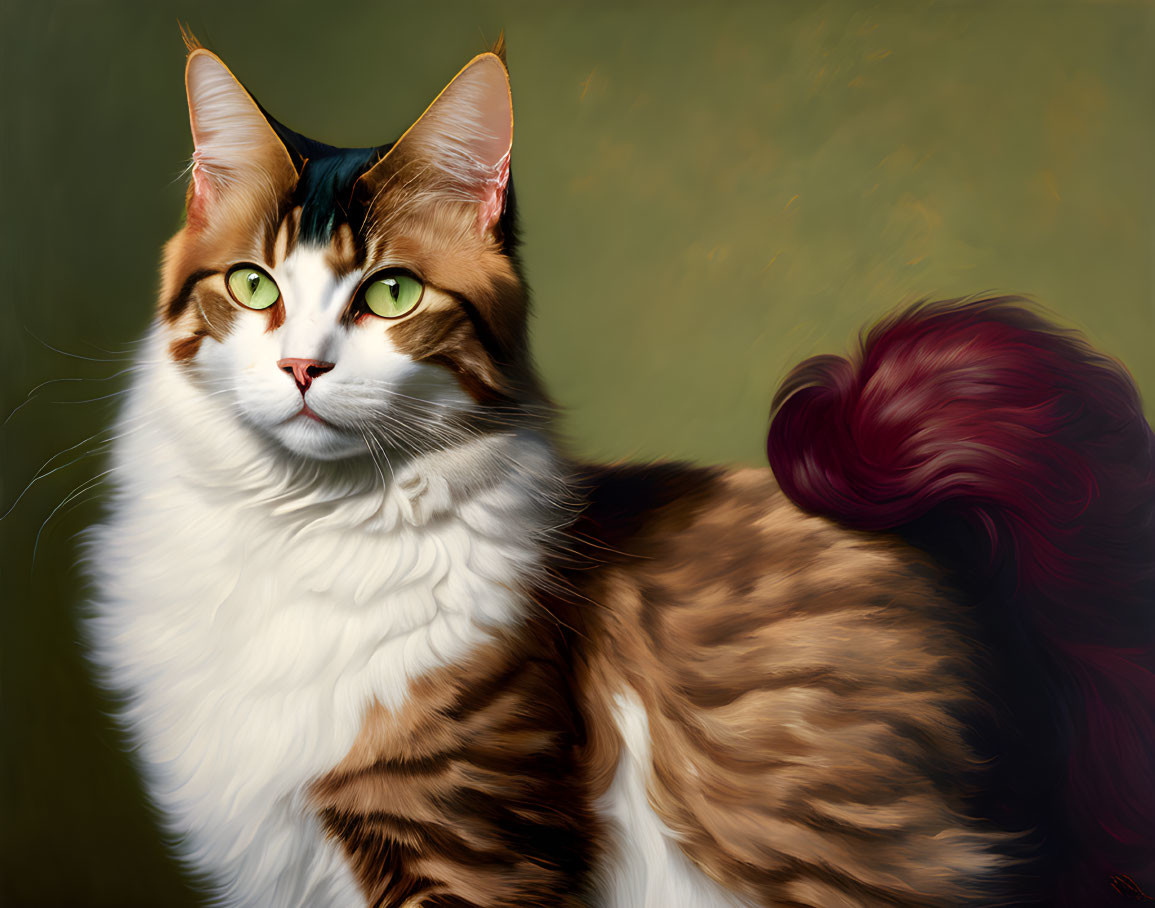 Brown Tabby Long-Haired Cat with White Chest and Green Eyes