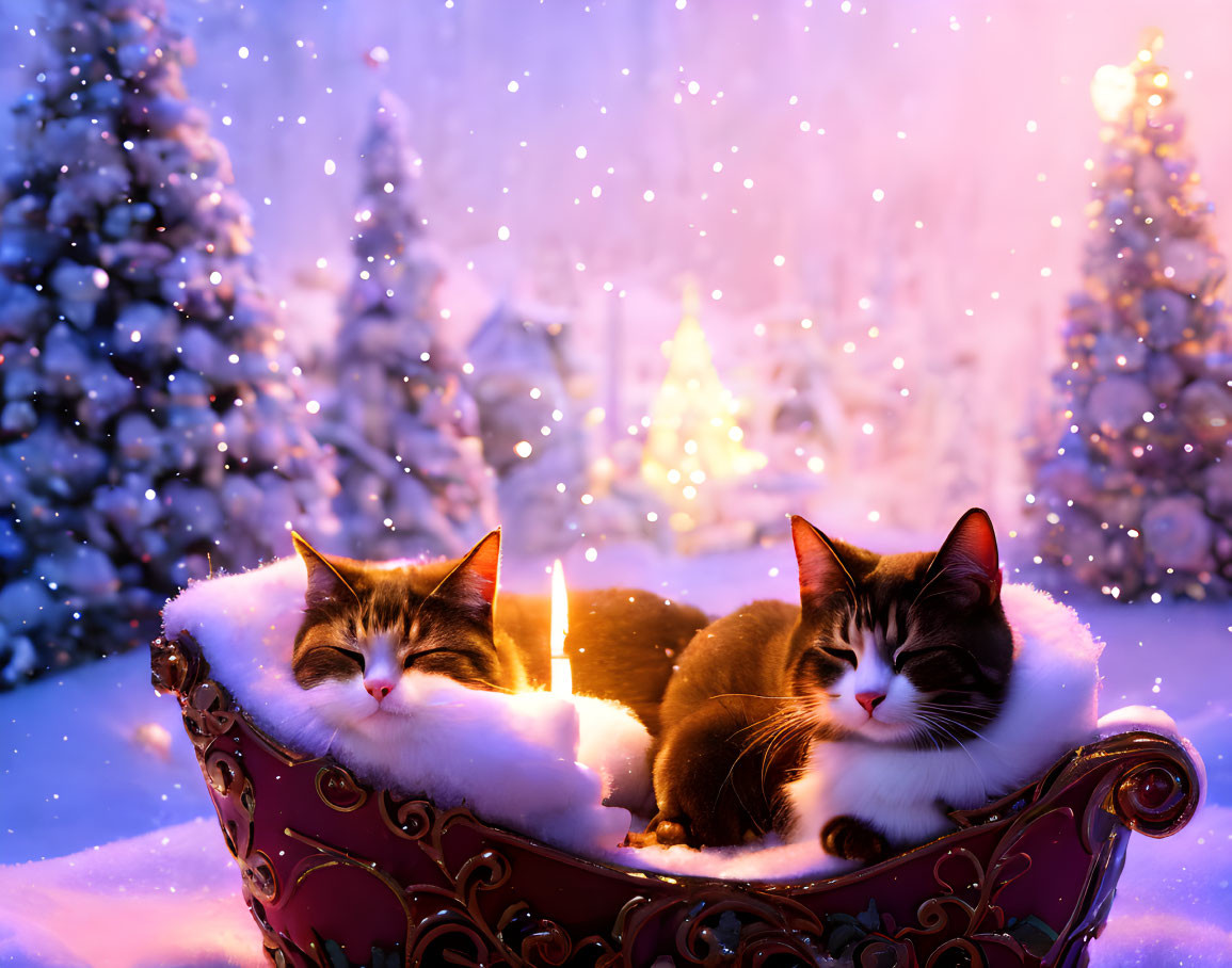 Two cats cuddling in sled amidst winter wonderland with snowflakes and Christmas trees