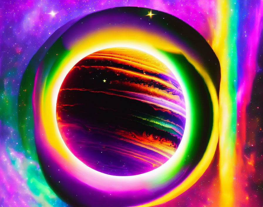 Colorful Planet with Rings in Multicolored Nebula