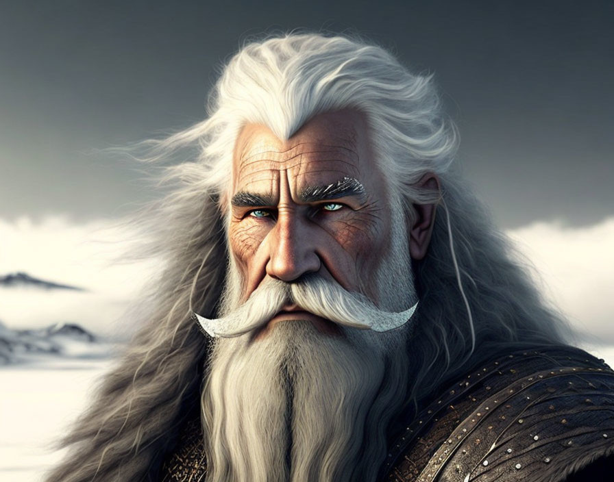 Elderly bearded fantasy character in armor on snowy mountain.