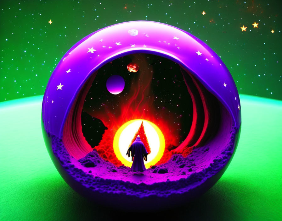 Person standing before vibrant cosmic portal in surreal landscape