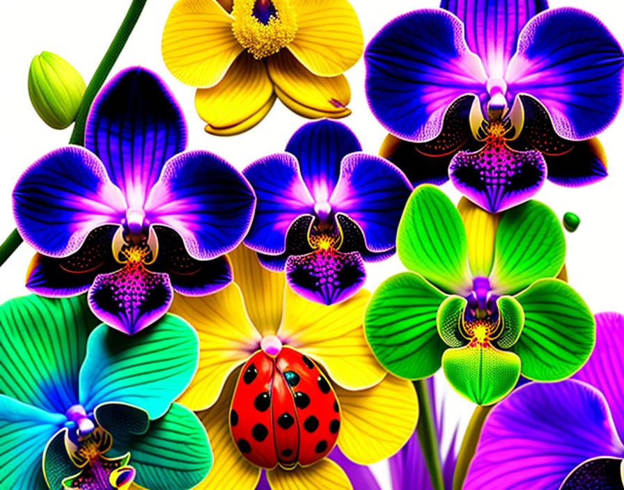 Colorful digitally enhanced orchids with a red ladybug.