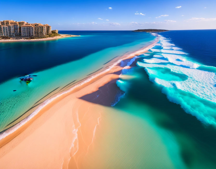 Aerial view of beach with turquoise waters and sandy shoreline