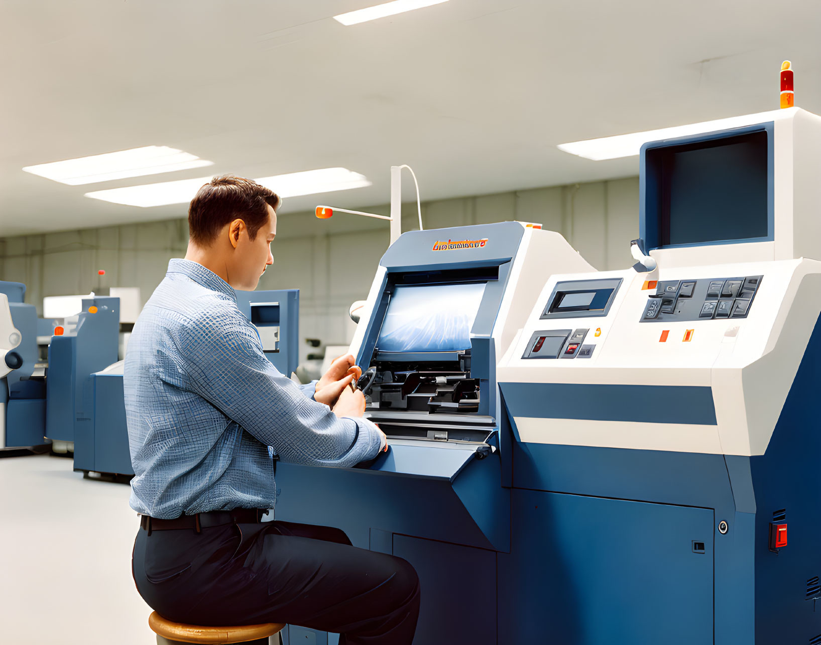 Person in Blue Shirt Operating Advanced Machinery in Industrial Setting