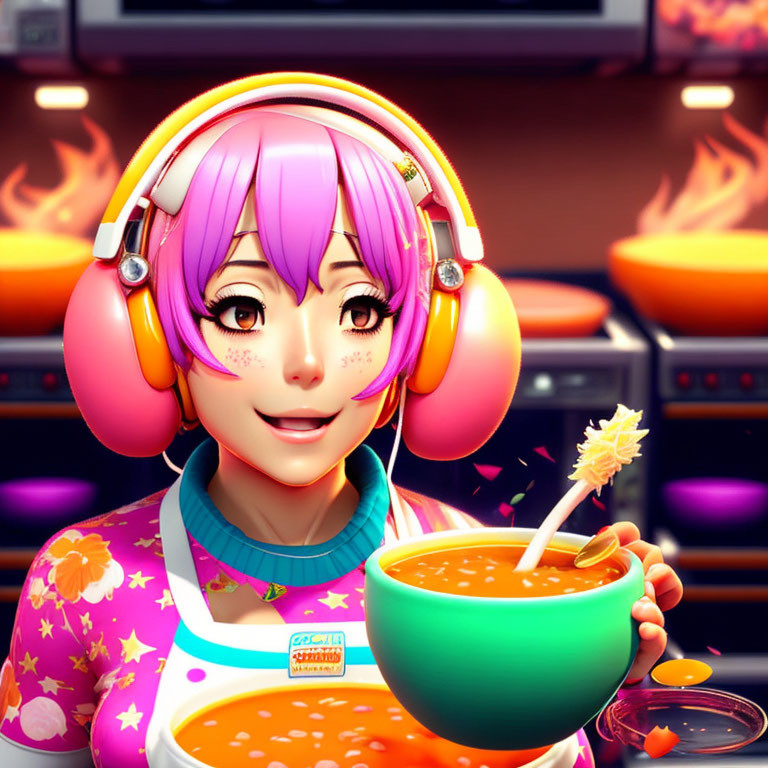 Animated character with pink hair holding a bowl in a fiery kitchen