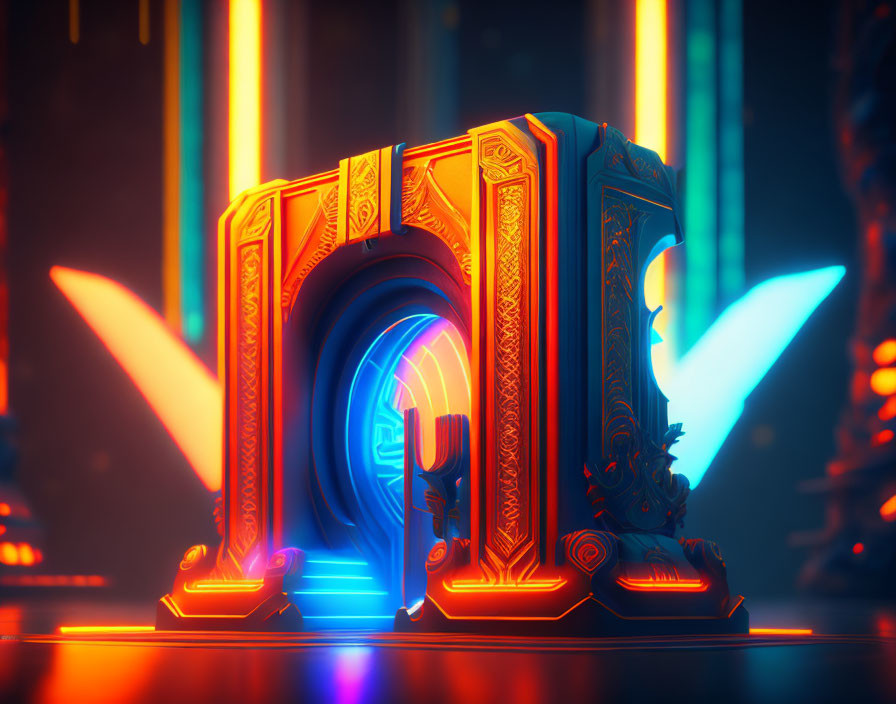 Futuristic neon-lit letter "N" with intricate designs on vibrant backdrop