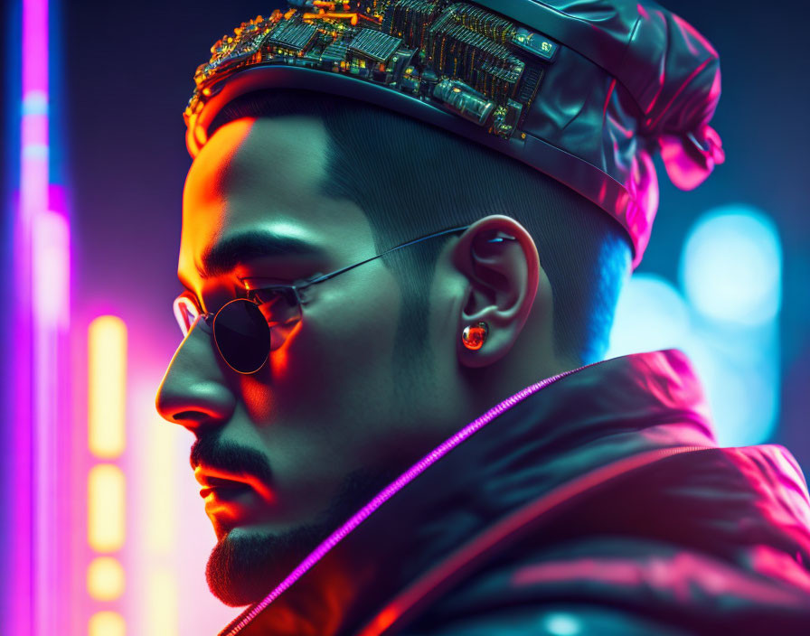 Futuristic cyberpunk man with circuit board crown and neon lights