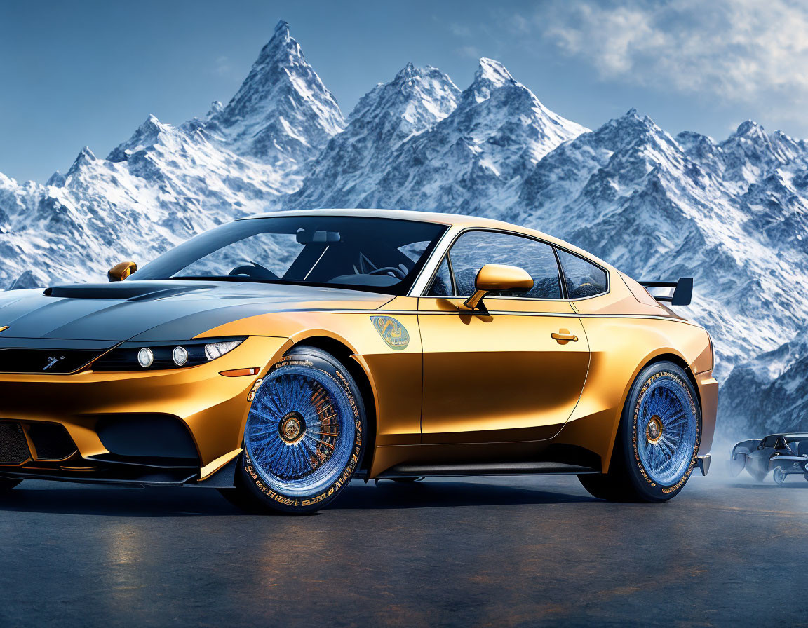 Golden sports car with blue wheels in front of mountain range