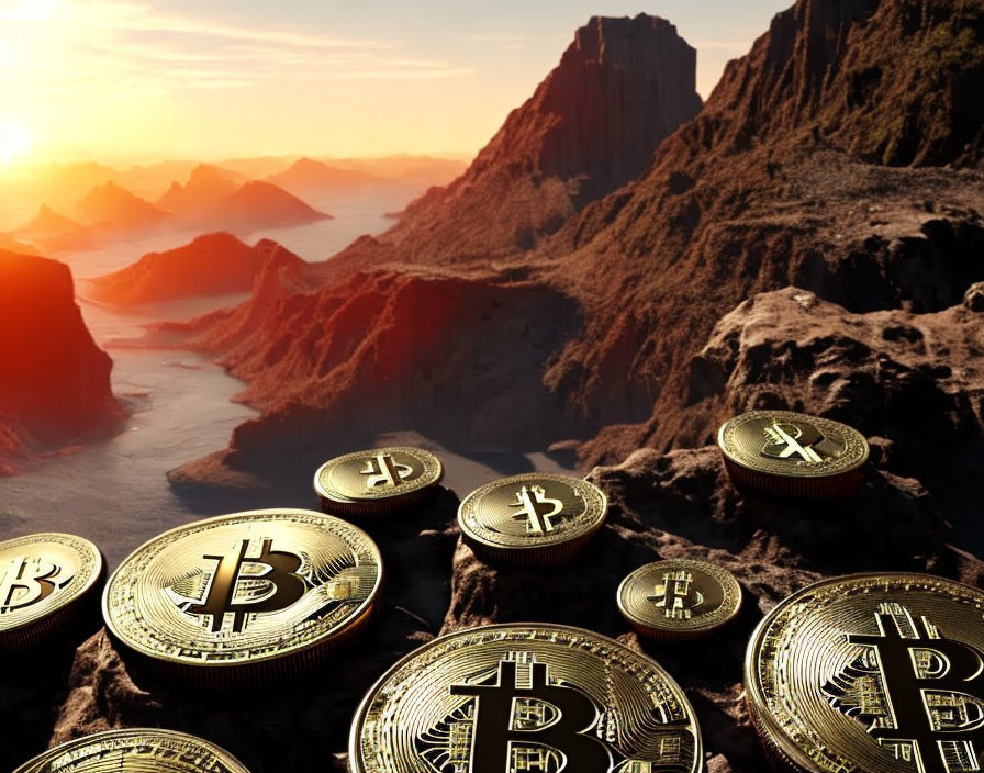 Bitcoin coins on rugged terrain with mountainous landscape at sunrise