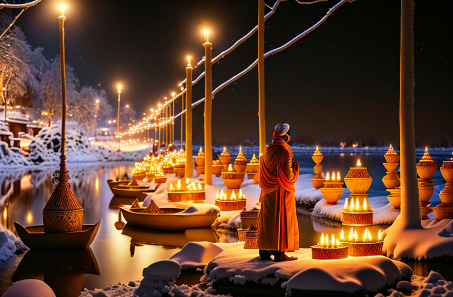 Person in Orange Attire on Snow-Covered Pier with Glowing Lanterns